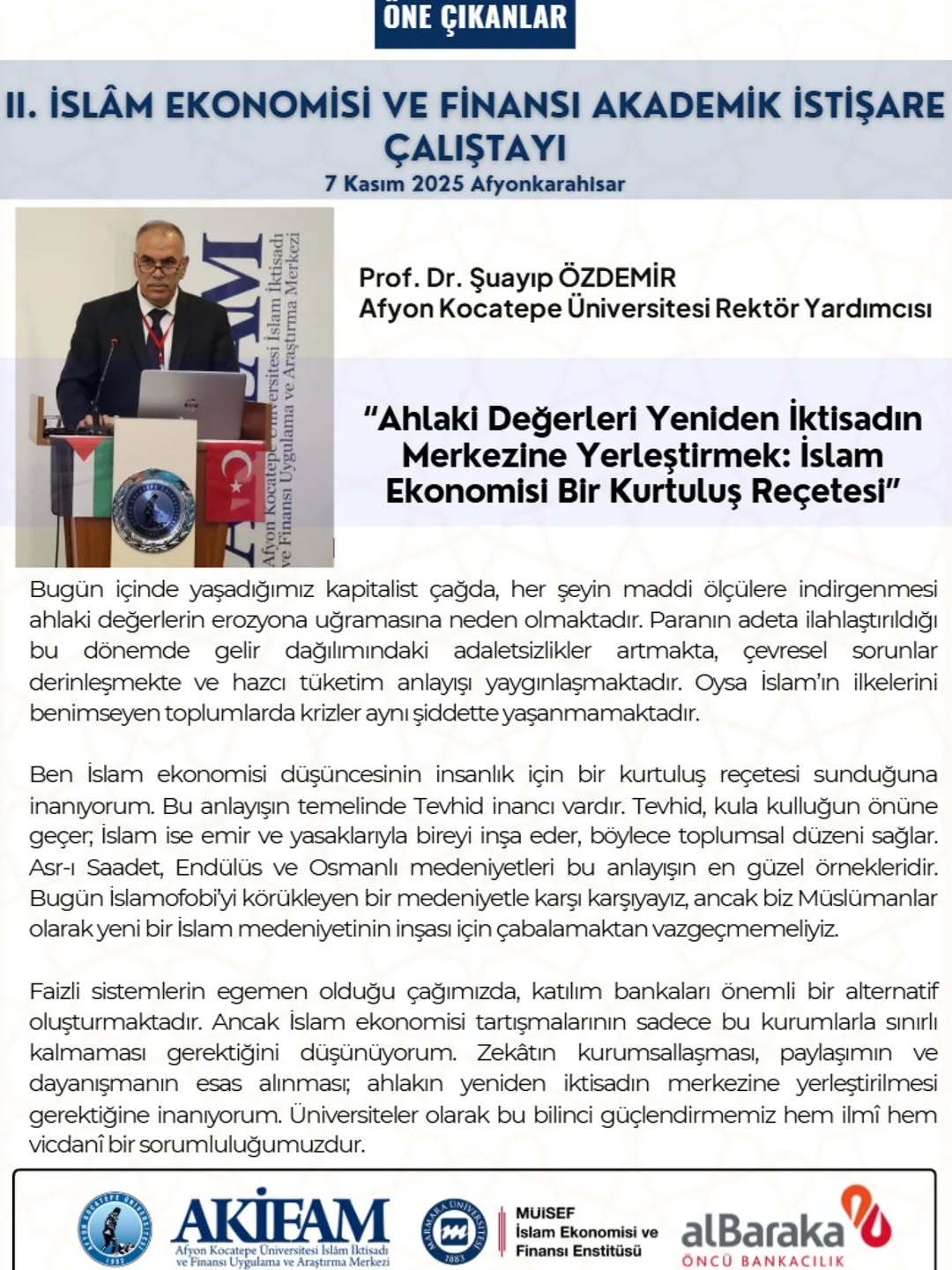 Afyon Kocatepe Üniversitesi'nde İslam Ekonomisi ve Finansı Çalıştayı Düzenlendi