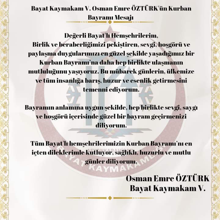 Kaymakam V. Osman Emre ÖZTÜRK'ün Kurban Bayramı Kutlama Mesajı