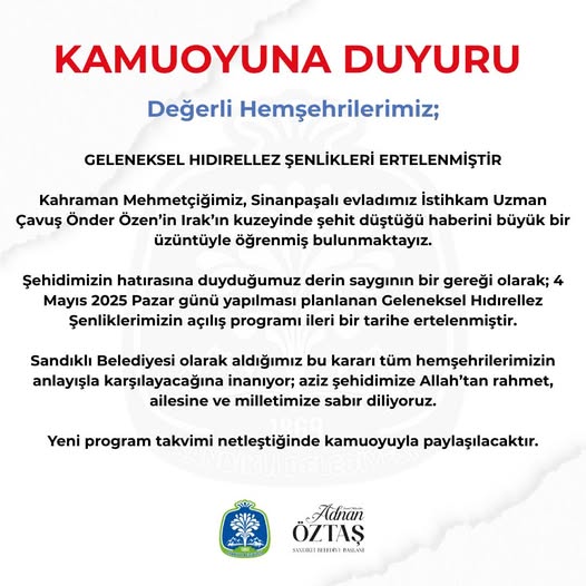 Sandıklı'da Hıdırellez Şenlikleri, Şehit Haberiyle Erteleme Kararı