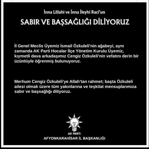 AK Parti Afyon İl Başkanlığı'ndan Vefat Dolayısıyla Başsağlığı Mesajı