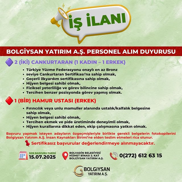Bolgiysan Yatırım A.Ş. Afyonkarahisar'da Personel Alımı Duyurusu