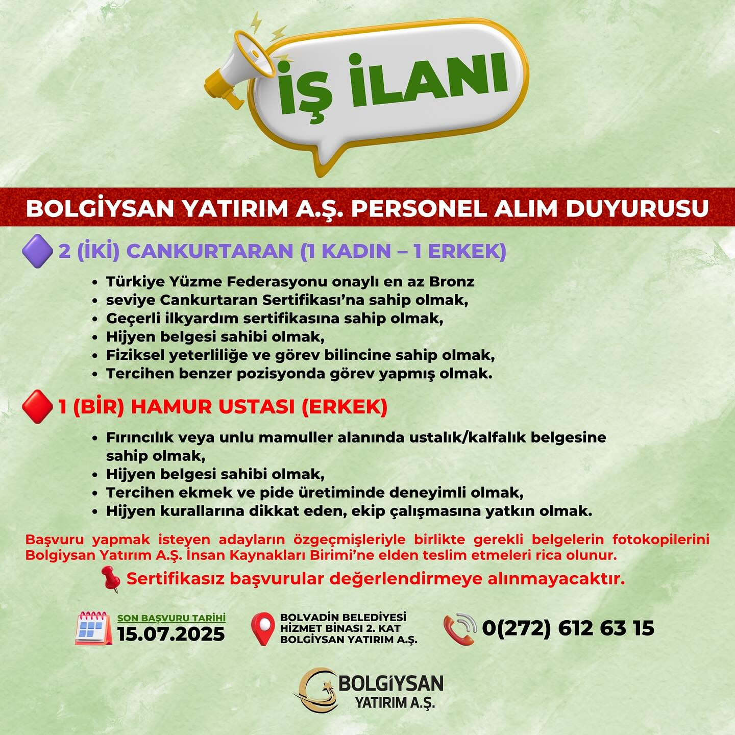 Bolgiysan Yatırım A.Ş. Bolvadin'de Personel Alımı Yapıyor