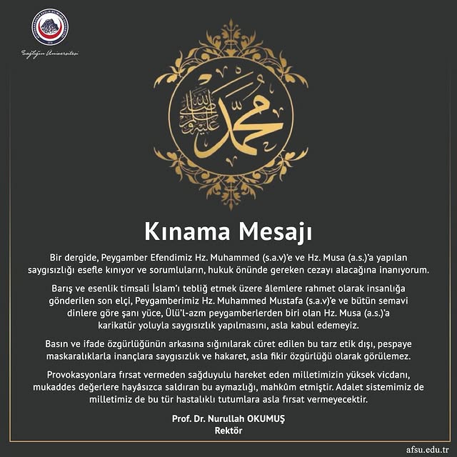 Afyonkarahisar Sağlık Bilimleri Üniversitesi'nden Kınama Mesajı