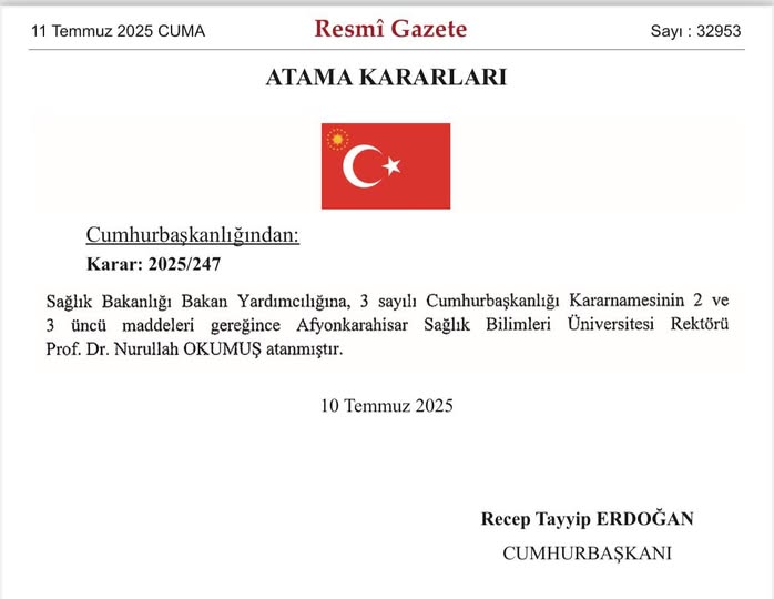 Afyonkarahisar Sağlık Bilimleri Üniversitesi Rektörü Nurullah Okumuş Sağlık Bakanlığı Bakan Yardımcısı Oldu