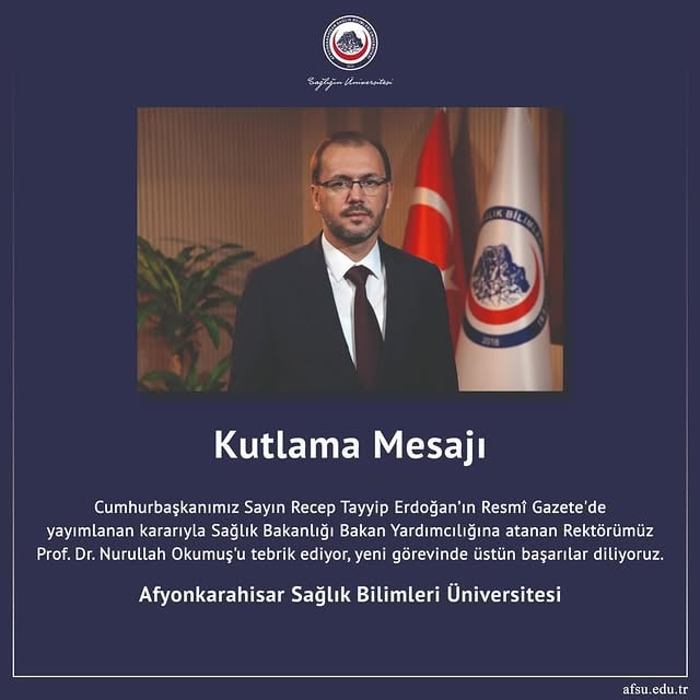 Afyonkarahisar Sağlık Bilimleri Üniversitesi Kutlama Mesajı Yayınladı