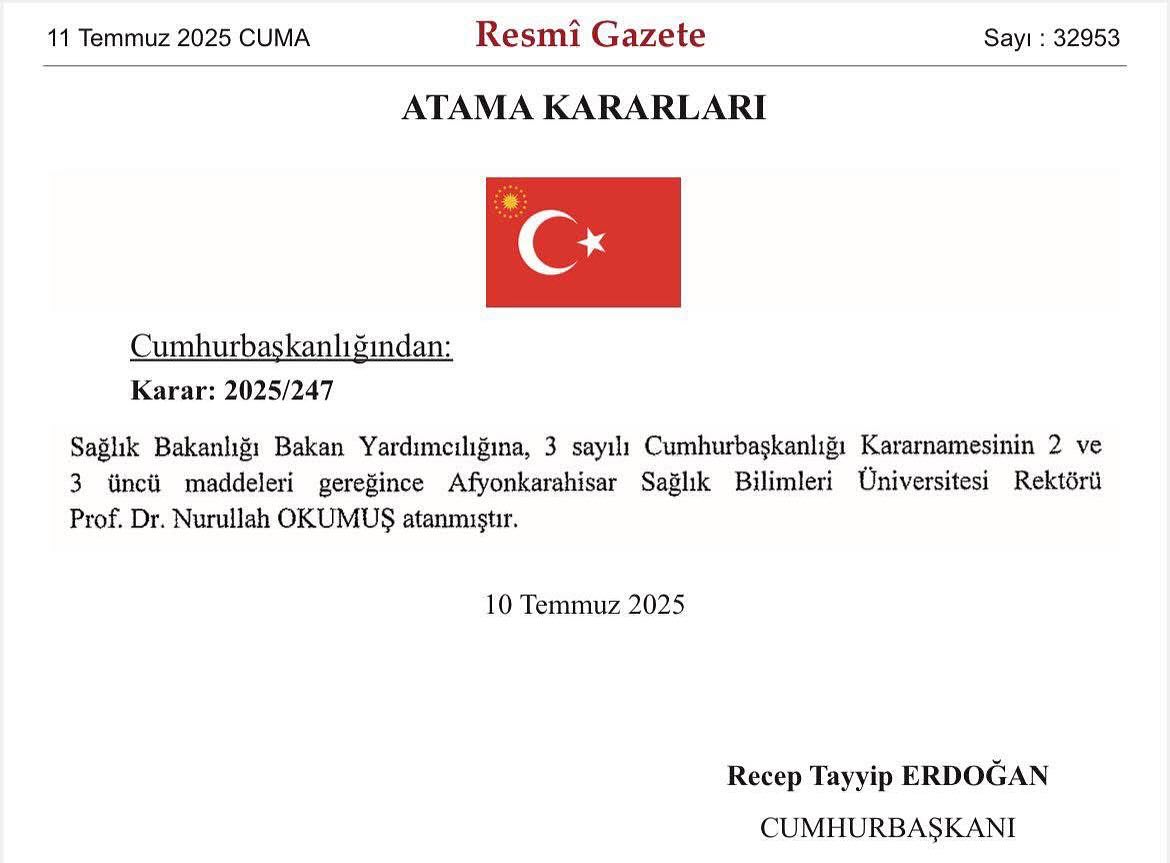 Afyonkarahisar Sağlık Bilimleri Üniversitesi Rektörü Prof. Dr. Nurullah Okumuş Sağlık Bakanlığı Bakan Yardımcısı Oldu