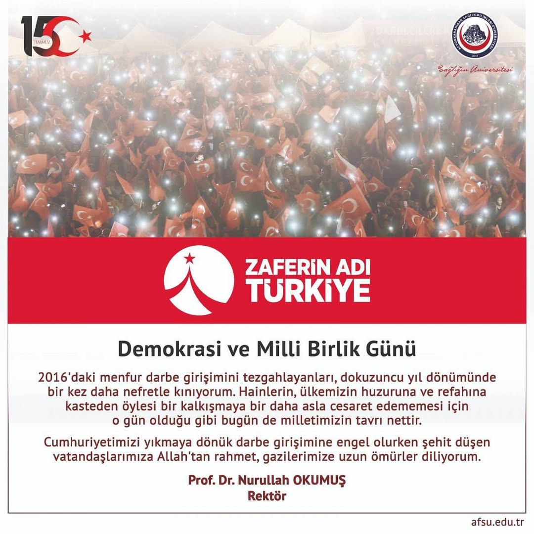 Afyonkarahisar Sağlık Bilimleri Üniversitesi'nden Demokrasi ve Milli Birlik Mesajı