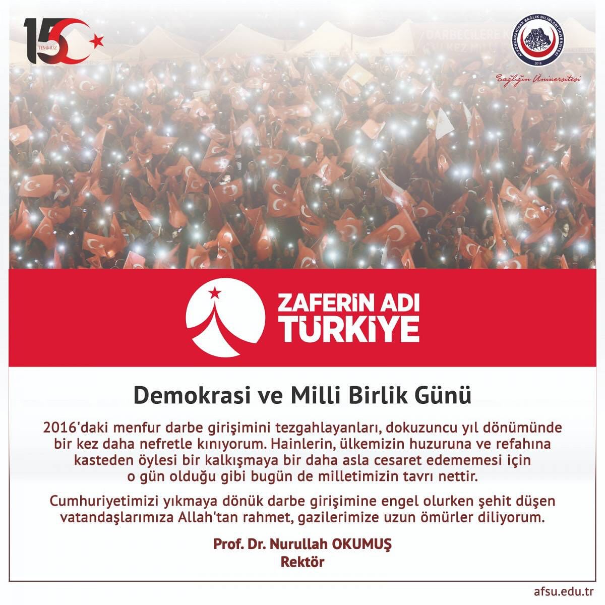 Afyonkarahisar Sağlık Bilimleri Üniversitesi'nden Demokrasi ve Milli Birlik Günü Mesajı