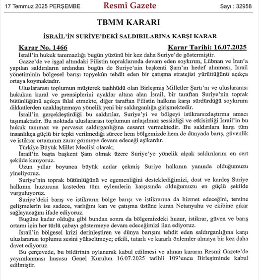 TBMM, İsrail'in Suriye Saldırılarına Karşı Güçlü Duruş Sergiledi