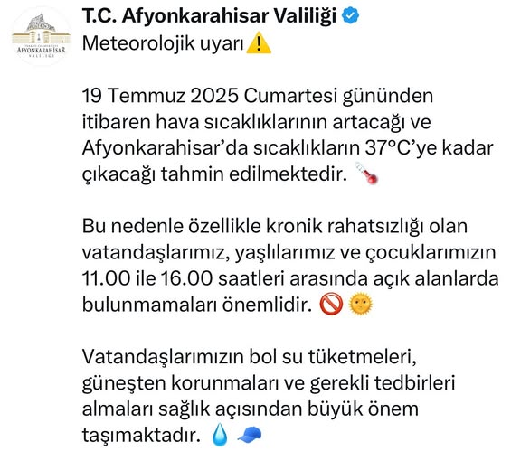 Afyonkarahisar'da Sıcak Hava Uyarısı: Kronik Hastalar, Yaşlılar ve Çocuklar Dikkat!