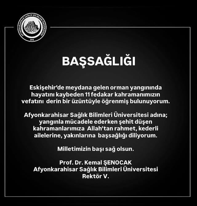 Afyonkarahisar Sağlık Bilimleri Üniversitesi'nden Taziye Mesajı
