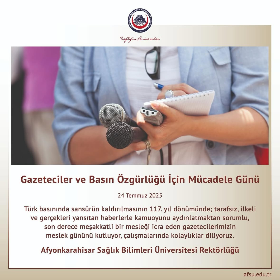 Afyonkarahisar Sağlık Bilimleri Üniversitesi’nden Gazeteciler ve Basın Özgürlüğü Günü Mesajı