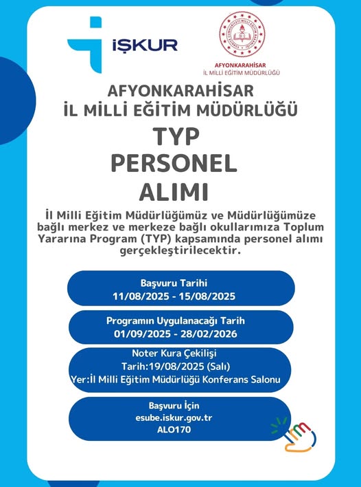 Afyonkarahisar'da TYP Kapsamında Personel Alımı Başlıyor