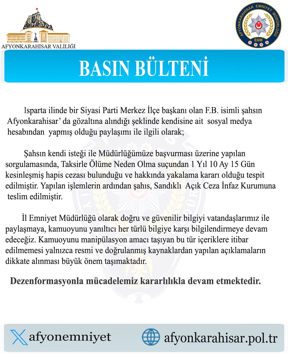Isparta'da Siyasi Parti Başkanı Afyonkarahisar'da Gözaltına Alındı
