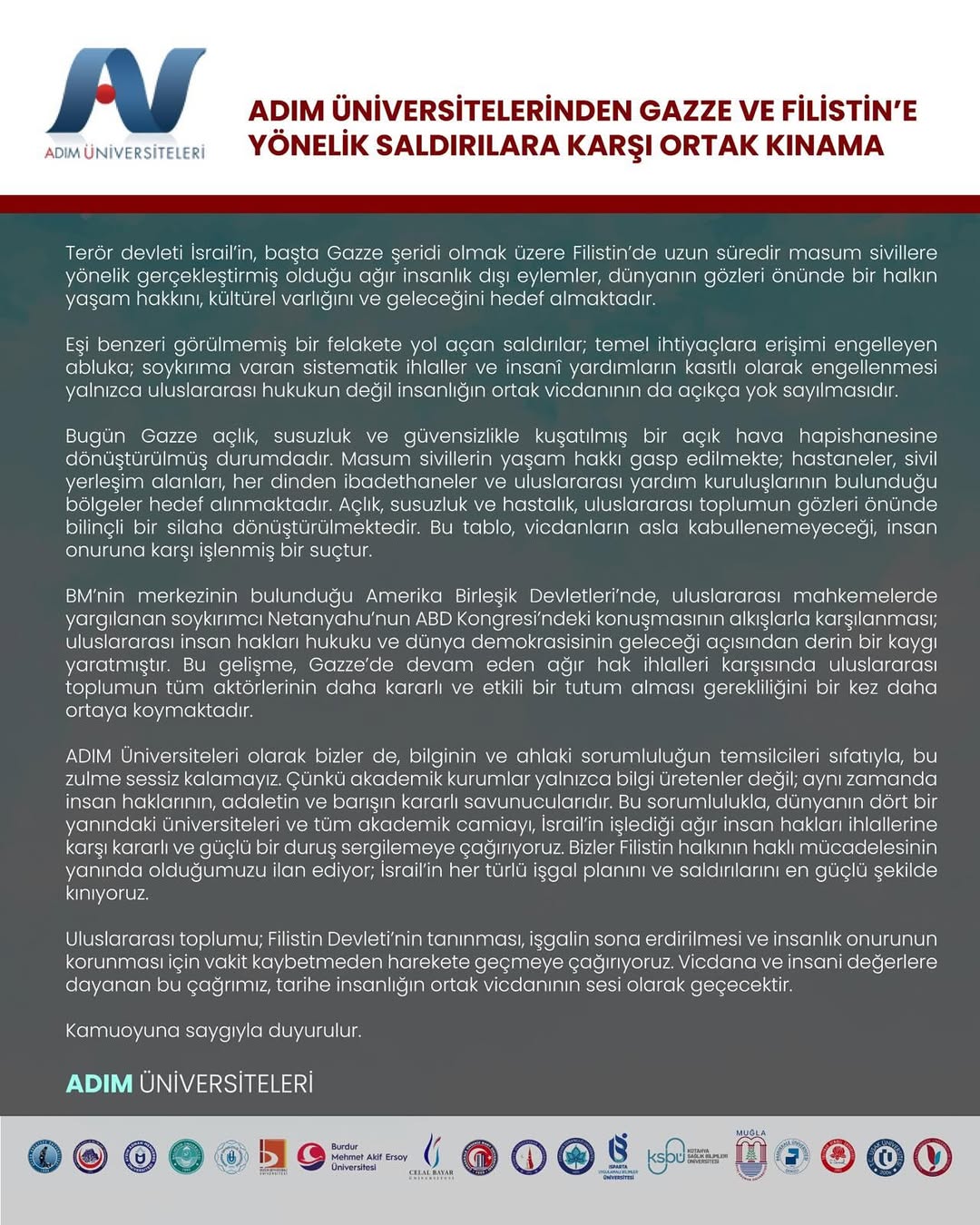 Türkiye'deki Üniversitelerden Gazze ve Filistin'e Kınama Desteği