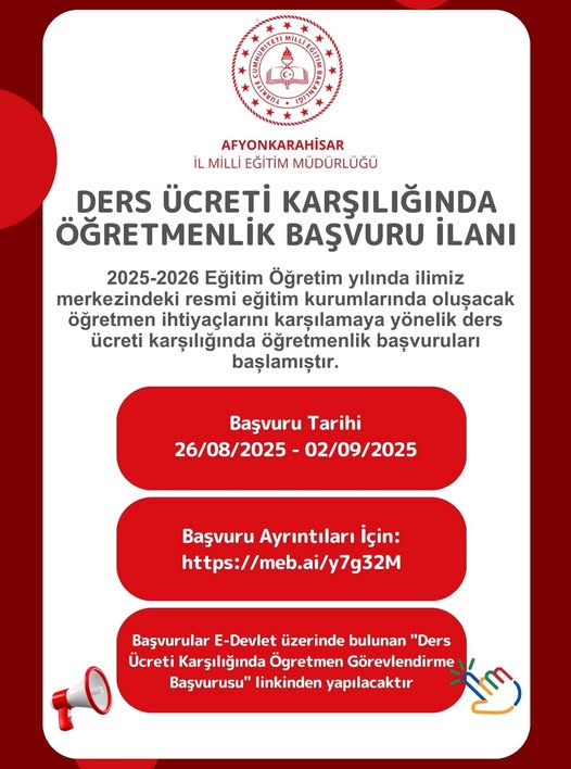 Afyonkarahisar'da Ders Ücreti Karşılığında Öğretmenlik Başvuruları Başladı