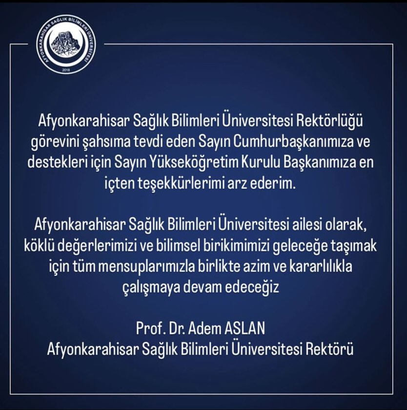 Afyonkarahisar Sağlık Bilimleri Üniversitesi Rektörü Prof. Dr. Aslan'dan Teşekkür Mesajı