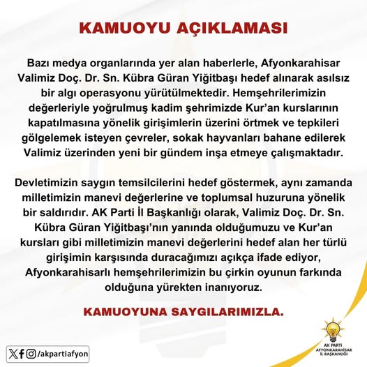 Afyonkarahisar Valisi Yiğitbaşı'na Yönelik Algı Operasyonuna AK Parti İl Başkanlığı'ndan Tepki