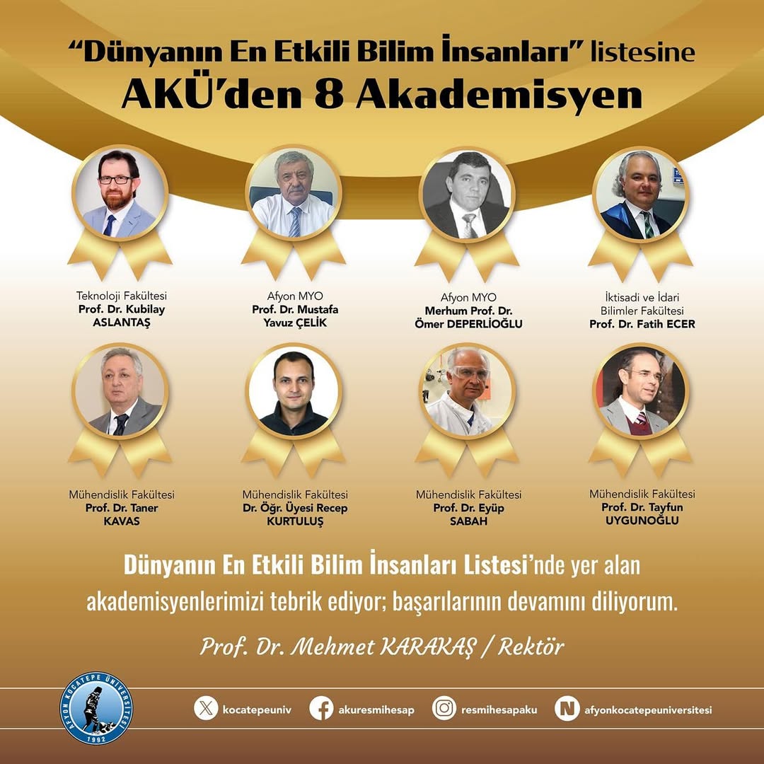 Afyon Kocatepe Üniversitesi'nden 8 Akademisyen Dünyanın En Etkili Bilim İnsanları Listesinde
