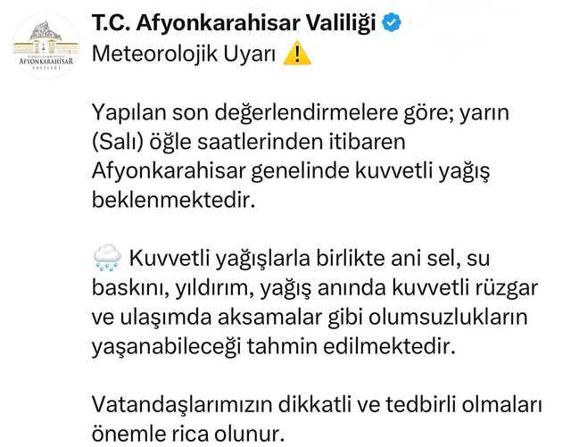 Afyonkarahisar'da Yarın Kuvvetli Yağış Bekleniyor: Ani Sel ve Su Baskını Uyarısı