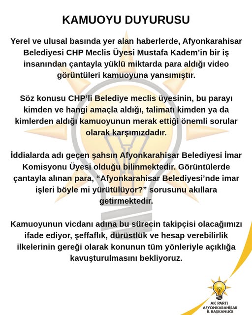 Afyonkarahisar'da CHP'li Meclis Üyesi Hakkında Para Skandalı İddiaları