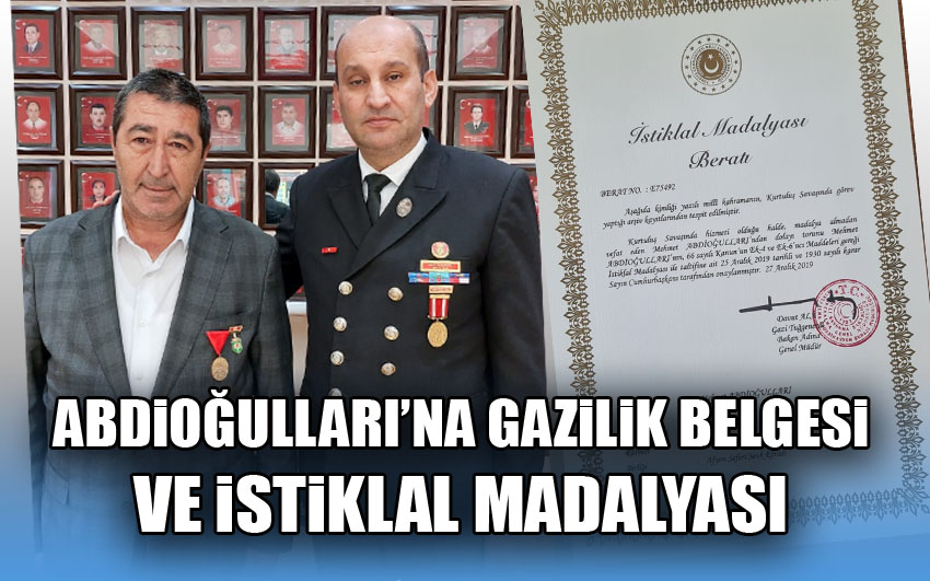 Mehmet Abdioğulları’na Gazilik belgesi ve İstiklal madalyası