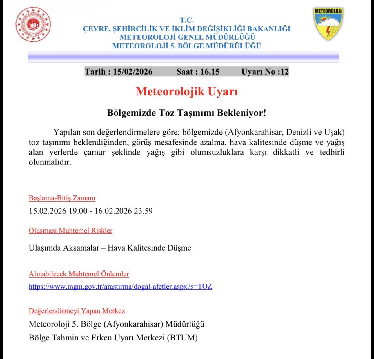 Afyonkarahisar'da Fırtına ve Toz Taşınımı Uyarısı: Vatandaşlar Dikkatli Olmalı